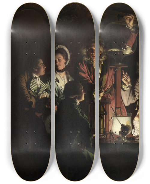 Triptych art skateboard deck of Joseph Wright Of Derby An Experiment On A Bird In An Air Pump by Joseph Wright Of Derby (1734-1797)