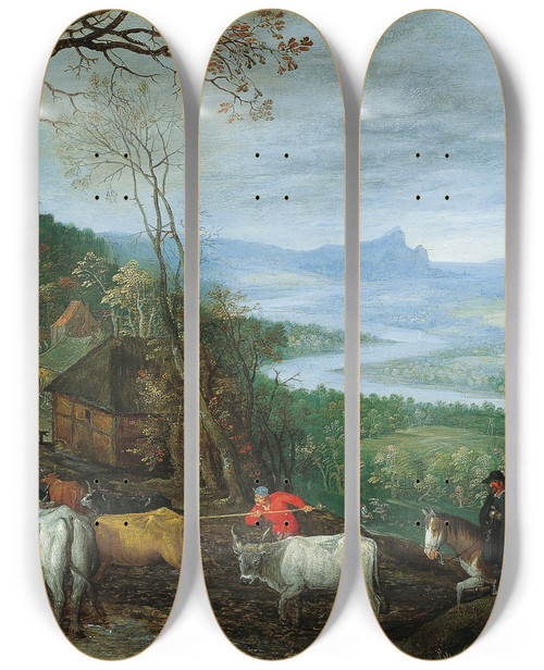 Triptych art skateboard deck of Jan Brueghel The Elder A Landscape With Herdsmen Driving Cattle To A Village by Jan Brueghel The Elder (1568-1625)