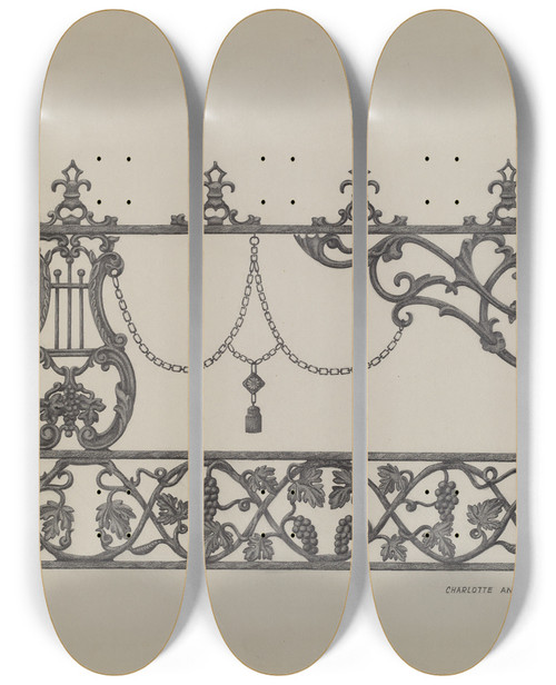 Triptych art skateboard deck of Charlotte Angus Cemetary Plot Enclosure by Charlotte Angus (1911-1989)