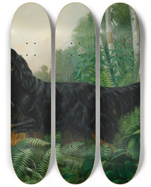 Triptych art skateboard deck of Alexander Pope Jr Gordon Setter In A Landscape by Alexander Pope Jr 2 (1849-1924)