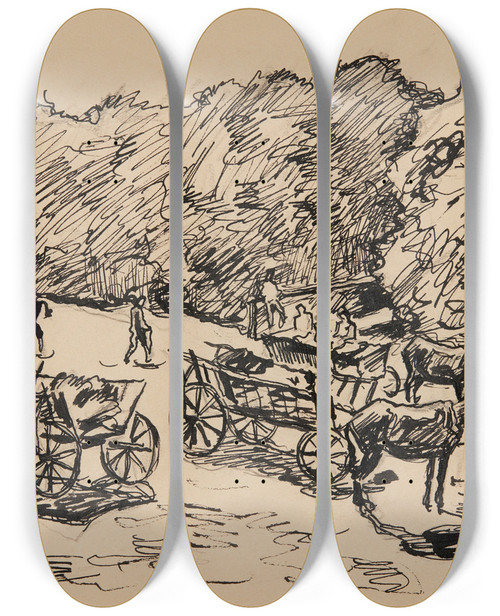 Triptych art skateboard deck of Ivan Ivanec Scena Rodzajowa by Ivan Ivanec (1893-1946)