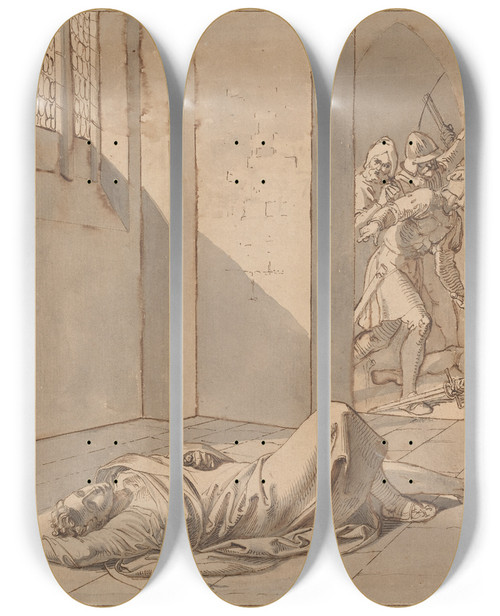 Triptych art skateboard deck of Joseph Von Fhrich The Assassination Of King Wenzel Iii by Joseph Von Fuhrich (1800-1876)