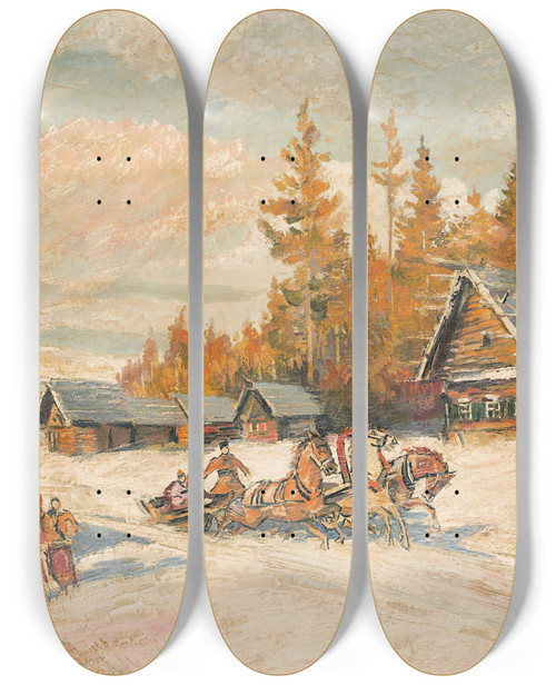 Triptych art skateboard deck of Konstantin Alexeevich Korovin Winter Sleigh Ride by Konstantin Alexeevich Korovin (1861-1939)