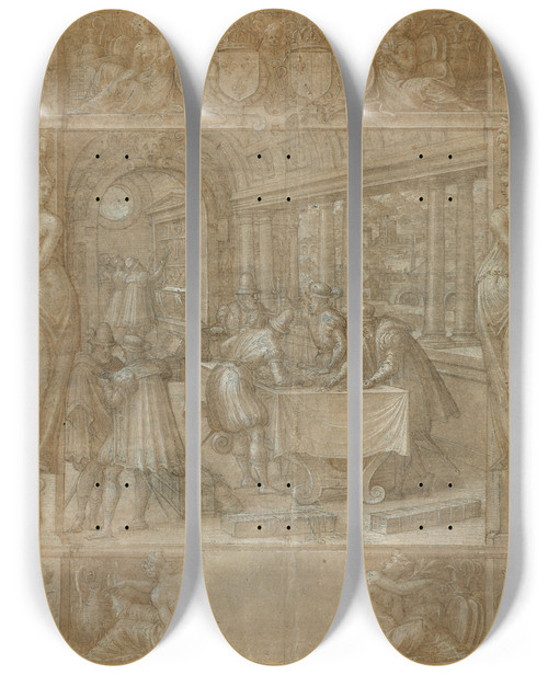 Triptych art skateboard deck of Antoine Caron Marriage Of Henry Ii And Catherine De Medici The Dowry by Antoine Caron (1521-1599)