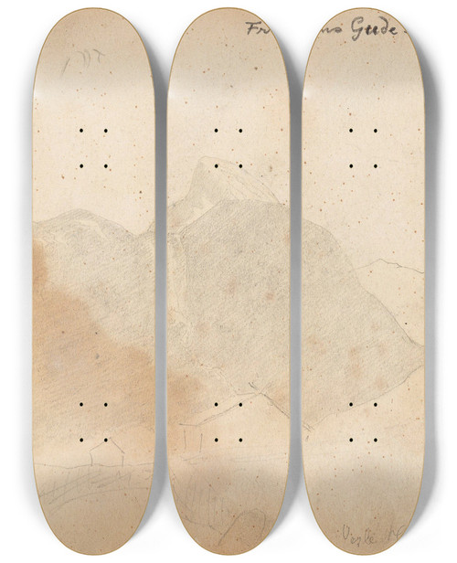 Triptych art skateboard deck of Hans Gude Veslehorn Hemsedal by Hans Gude (1825-1903)