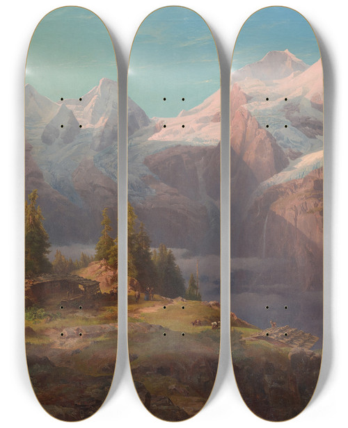 Triptych art skateboard deck of Anton Hansch Wengeralpe Im Berner Oberland Eiger Mnch Und Jungfrau by Anton Hansch (1813-1876)