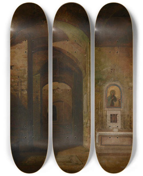 Triptych art skateboard deck of Jodocus Sebastiaen Van Den Abeele De Crypte Van De Basiliek San Martino Ai Monti In Rome by Jodocus Sebastiaen van den Abeele