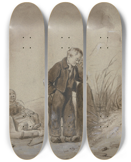 Triptych art skateboard deck of Ferdinand De Braekeleer Boy With His Sister Sitting In The Sleigh Both Crying by Ferdinand De Braekeleer (1792-1883)