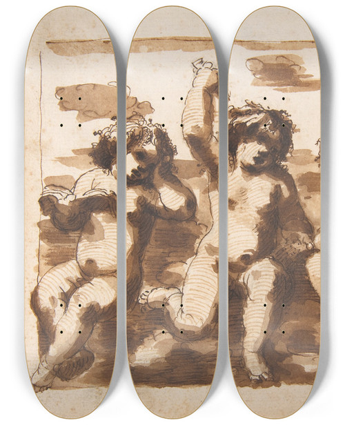 Triptych art skateboard deck of Leonardo Scaglia Four Putti On Clouds by Leonardo Scaglia (1640-1650)