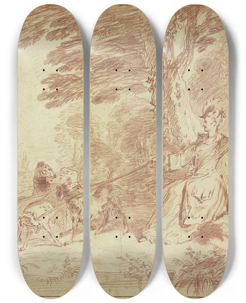 Triptych art skateboard deck of Jeanantoine Watteau Jagdpartie Jgerin Und Jger Mit Vier Hunden In Einer Landschaft by Jean-Antoine Watteau (1684-1721)