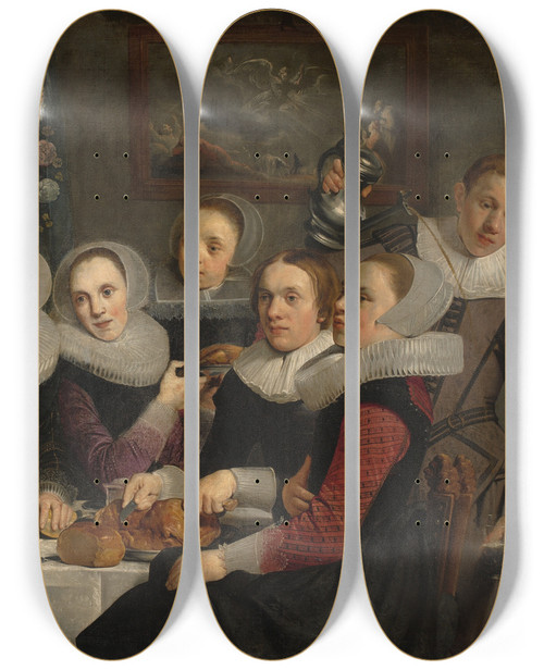 Triptych art skateboard deck of Pieter Fransz De Grebber Theodorus Schrevelius And His Family At The Table by Pieter Fransz De Grebber (1600-1652)