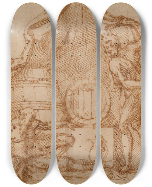 Triptych art skateboard deck of Baccio Bandinelli Drunkenness Of Noah by Baccio Bandinelli (1493-1560)