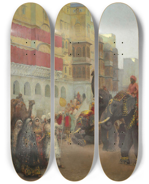Triptych art skateboard deck of Edwin Lord Weeks A Fte Day At Bekanir Beloochistan Bekanir by Edwin Lord Weeks (1849-1903)