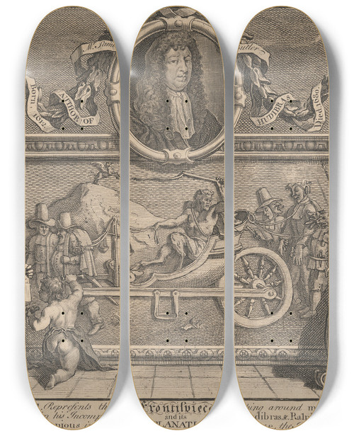 Triptych art skateboard deck of William Hogarth Frontispiece And Its Explanation No1 by William Hogarth (1697-1764)