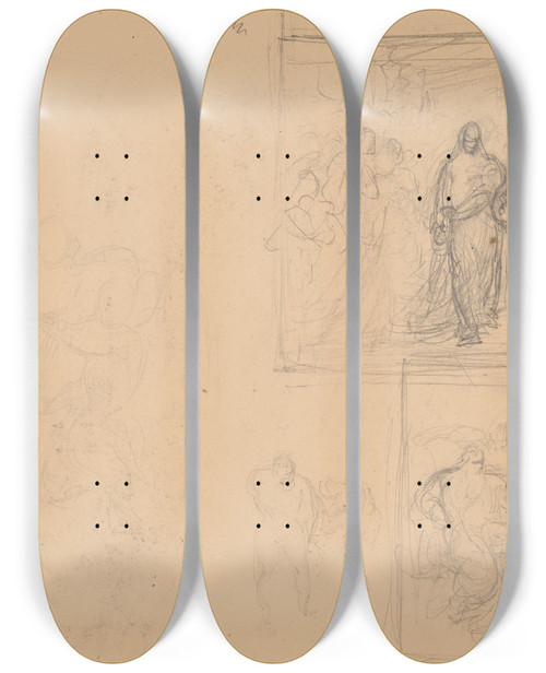 Triptych art skateboard deck of Jzef Simmler Sketches Of Figural Compositions by Jozef Simmler (1823-1868)