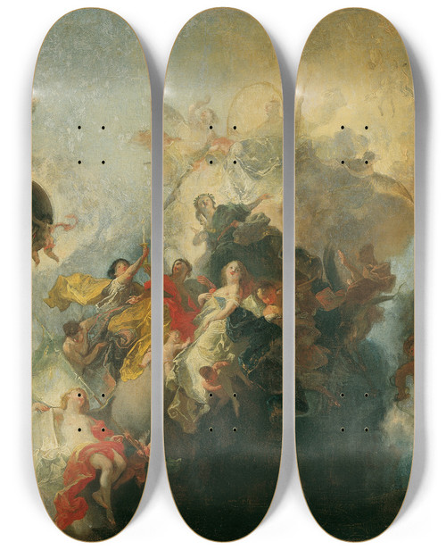 Triptych art skateboard deck of Franz Anton Maulbertsch Die Gttliche Vorsehung Und Tugenden by Franz Anton Maulbertsch (1724-1796)
