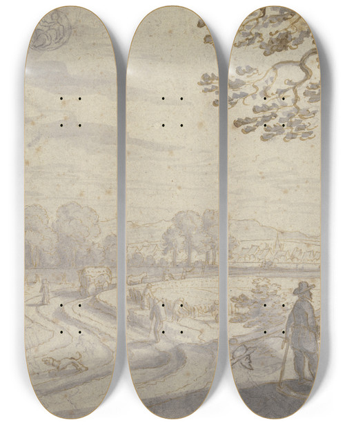 Triptych art skateboard deck of Matthus Merian The Elder Monatsbild August Oben Links Das Zeichen Der Jungfrau by Matthus Merian the elder (1593-1650)