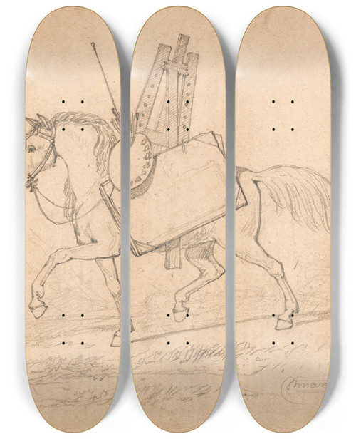 Triptych art skateboard deck of John Sell Cotman Horse Loaded With Artists Paraphernalia by John Sell Cotman (1782-1842)
