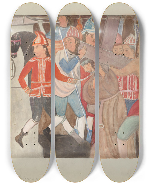 Triptych art skateboard deck of William Herbert Station Of The Cross No 2 The Cross Is Laid On Jesus by William Herbert