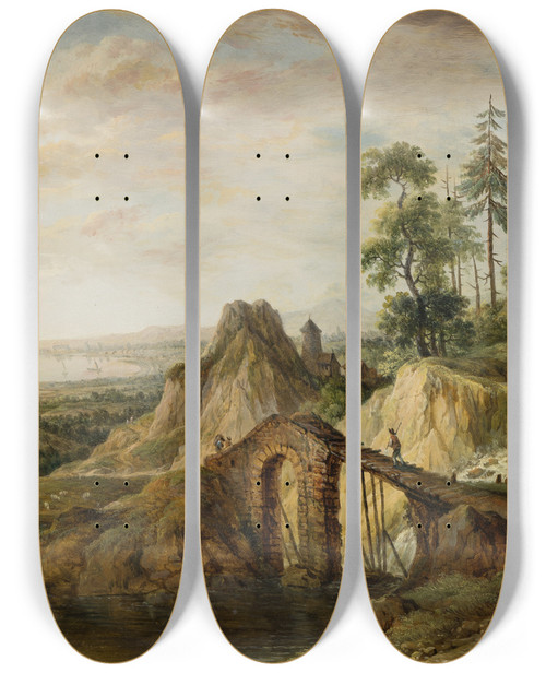 Triptych art skateboard deck of Christian Georg Schtz The Elder Landscape With A Bridge by Christian Georg Schtz the elder (1718-1791)