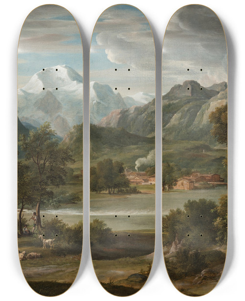 Triptych art skateboard deck of Joseph Anton Koch Lauterbrunnertal Near Unterseen With A View Of The Jungfrau by Joseph Anton Koch (1768-1839)