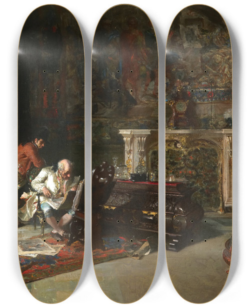 Triptych art skateboard deck of Mariano Fortuny Marsal The Print Collector by Mariano Fortuny Marsal (1838-1874)