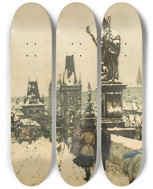 Triptych art skateboard deck of Tavk Frantiek Imon Charles Bridge by Tavk Frantiek imon (1877-1942)