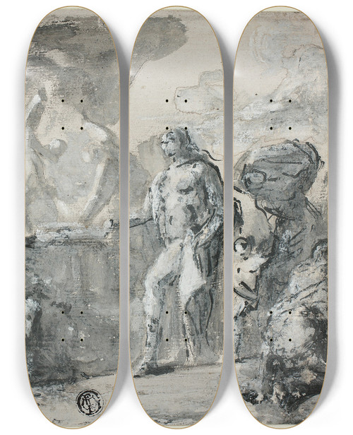 Triptych art skateboard deck of Domenico Mondo Forge Of Vulcan by Domenico Mondo (1723-1806)