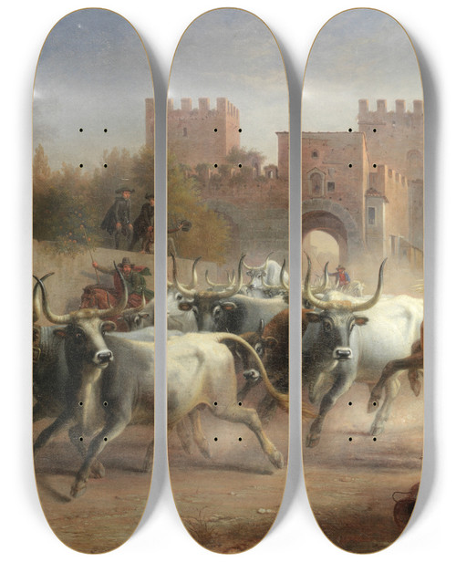 Triptych art skateboard deck of Dietrich Wilhelm Lindau Driving Cattle Before The Porta San Paolo And Pyramid Of Cestius Rome by Dietrich Wilhelm Lindau (1799-1862)