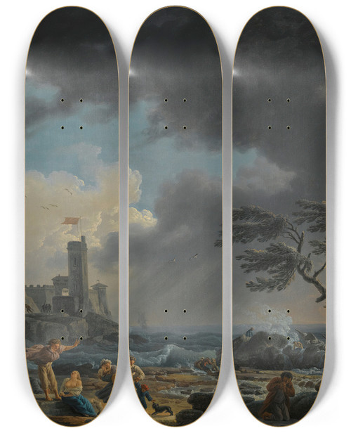 Triptych art skateboard deck of Claudejoseph Vernet A Stormy Coastal Scene With Figures On A Beach Having Escaped A Shipwreck Engraved By Klauber by Claude Joseph Vernet (1714-1789)