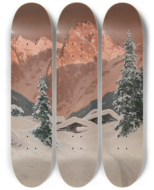 Triptych art skateboard deck of Toni Haller Sunset In The Kaisertal by Toni Haller (1907-1944)