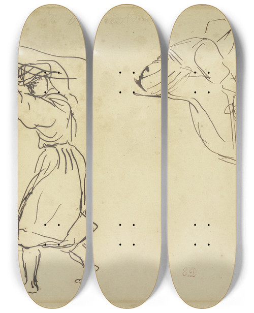 Triptych art skateboard deck of Eugne Delacroix Studienblatt Araber Ein Tuch Schwingend Mutter Und Kind_2 by Eugene Delacroix (1798-1863)