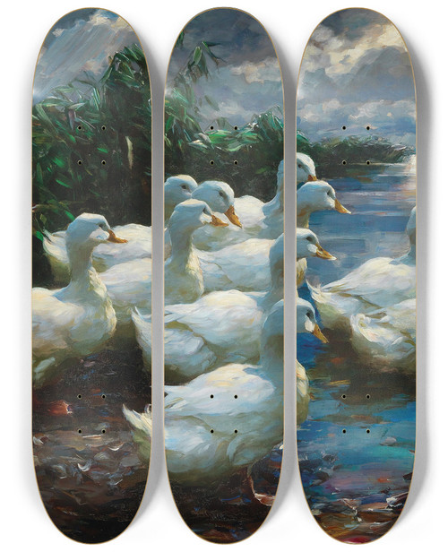 Triptych art skateboard deck of Alexander Koester Ducks By A Lake by Alexander Koester (1864-1932)