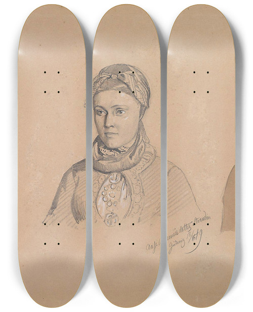 Triptych art skateboard deck of Adolph Tidemand Aase Rasmusdatter Stranden And Anna Troelsdatter Kittelsviken by Adolph Tidemand (1814-1876)