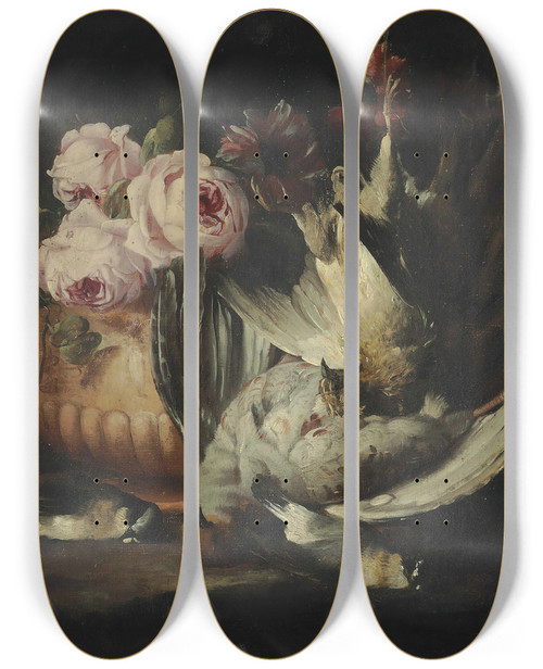 Triptych art skateboard deck of Franz Werner Von Tamm Flowers In A Terracotta Vase With Dead Game by Franz Werner Tamm (1658-1724)