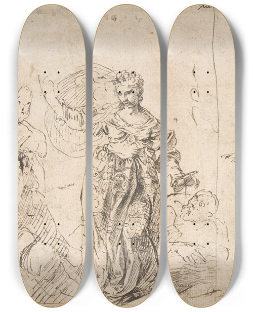 Triptych art skateboard deck of Pietro Novelli Sheet With Figure Studies by Pietro Novelli (1603-1647)