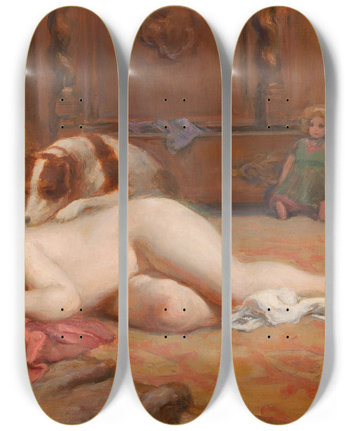 Triptych art skateboard deck of Imre Gergely Child With Dog And Doll by Imre Gergely (1868-1914)