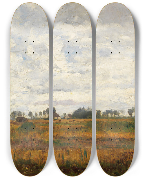 Triptych art skateboard deck of Paul Baum Moorlandschaft Bei Dachau by Paul Baum (1859-1932)