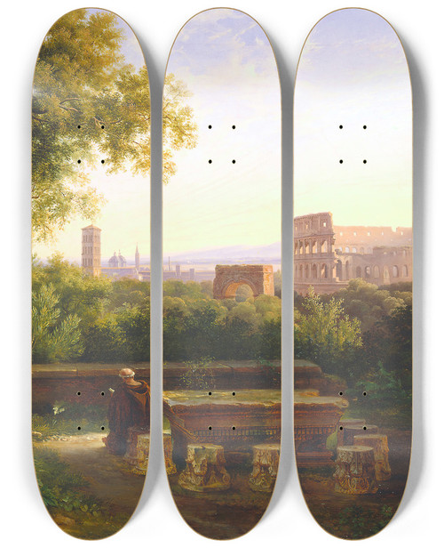 Triptych art skateboard deck of Antoineflix Boisselier View Of The Colosseum From The Orti Farnesiani by Antoine-Flix Boisselier (1790-1857)
