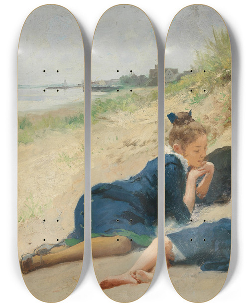 Triptych art skateboard deck of Hermann Seeger A Summer Day In The Dunes by Hermann Seeger (1857-1945)