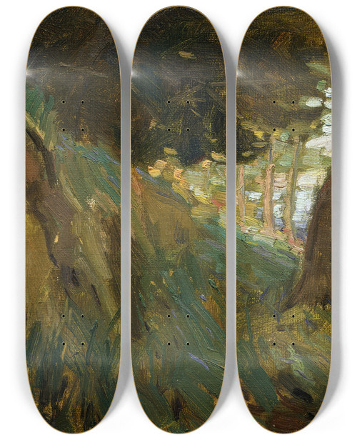 Triptych art skateboard deck of Ernest George Hood Glimpse Of The Hutt River Western Hutt by Ernest George Hood