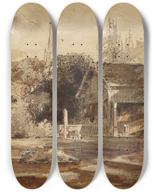 Triptych art skateboard deck of Friedrich Salath Swiss Village View by Friedrich Salathe (1793-1860)