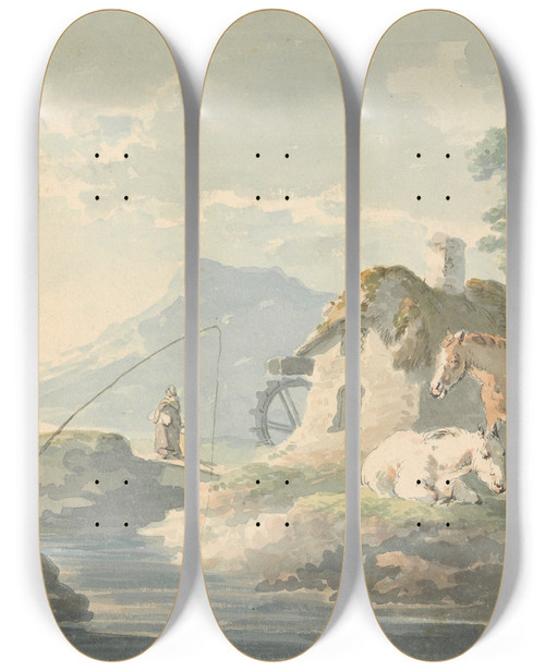 Triptych art skateboard deck of Peter La Cave Rustic Scene Man Fishing Left Cottage With Watermill And Horses Right by Peter La Cave