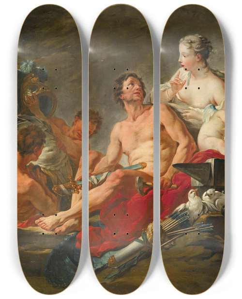 Triptych art skateboard deck of Follower Of Franois Boucher Venus In The Forge Of Vulcan by Follower Of Francois Boucher (1703-1770)
