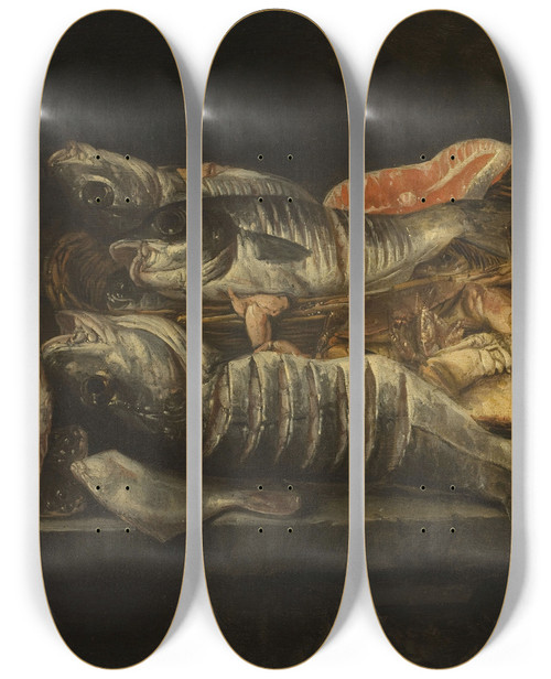 Triptych art skateboard deck of Abraham Van Beijeren Still Life With Fish And Crustaceans On A Table_2 by Abraham Van Beyeren (1620-1690)
