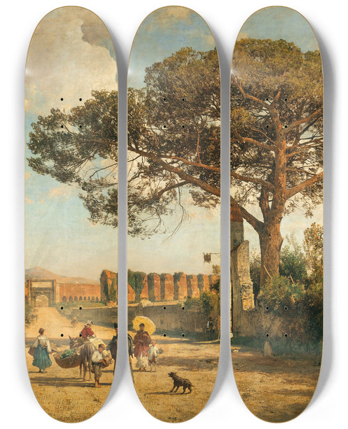 Triptych art skateboard deck of Robert Russ Porta Furba On The Road To Frascati Rome by Robert Russ (1847-1922)