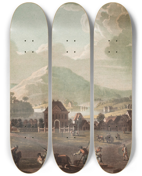 Triptych art skateboard deck of Georg Haas Vue Dune Place Dans La Ville De Bergen by Georg Haas (1756-1817)