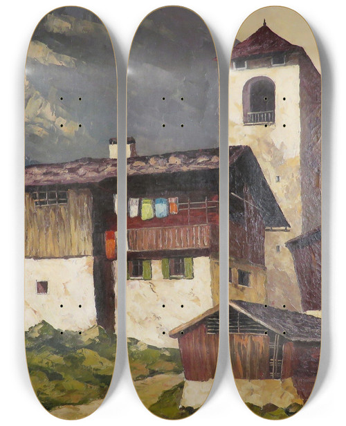 Triptych art skateboard deck of Alois Pfund Tiroler Bergdorf by Alois Pfund (1876-1946)