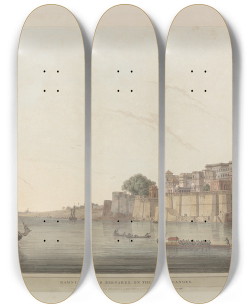 Triptych art skateboard deck of Thomas Daniell Oriental Scenery Pl14 by Thomas Daniell (1749-1840)