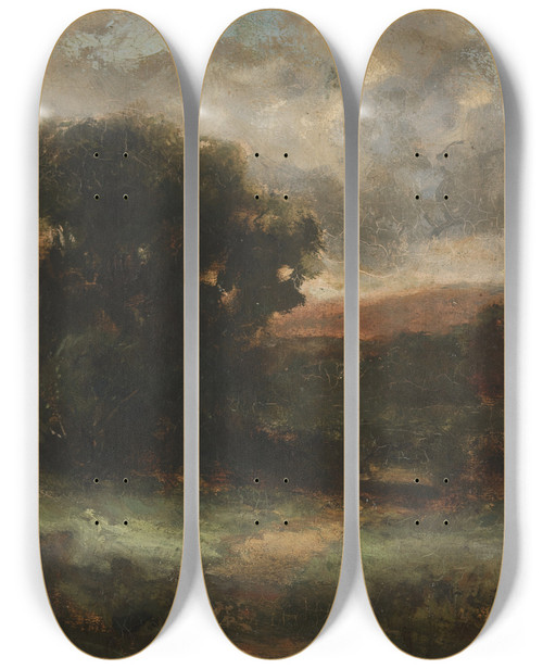 Triptych art skateboard deck of Edward Mitchell Bannister Untitled Landscape With Meadow And Trees by Edward Mitchell Bannister (1828-1901)